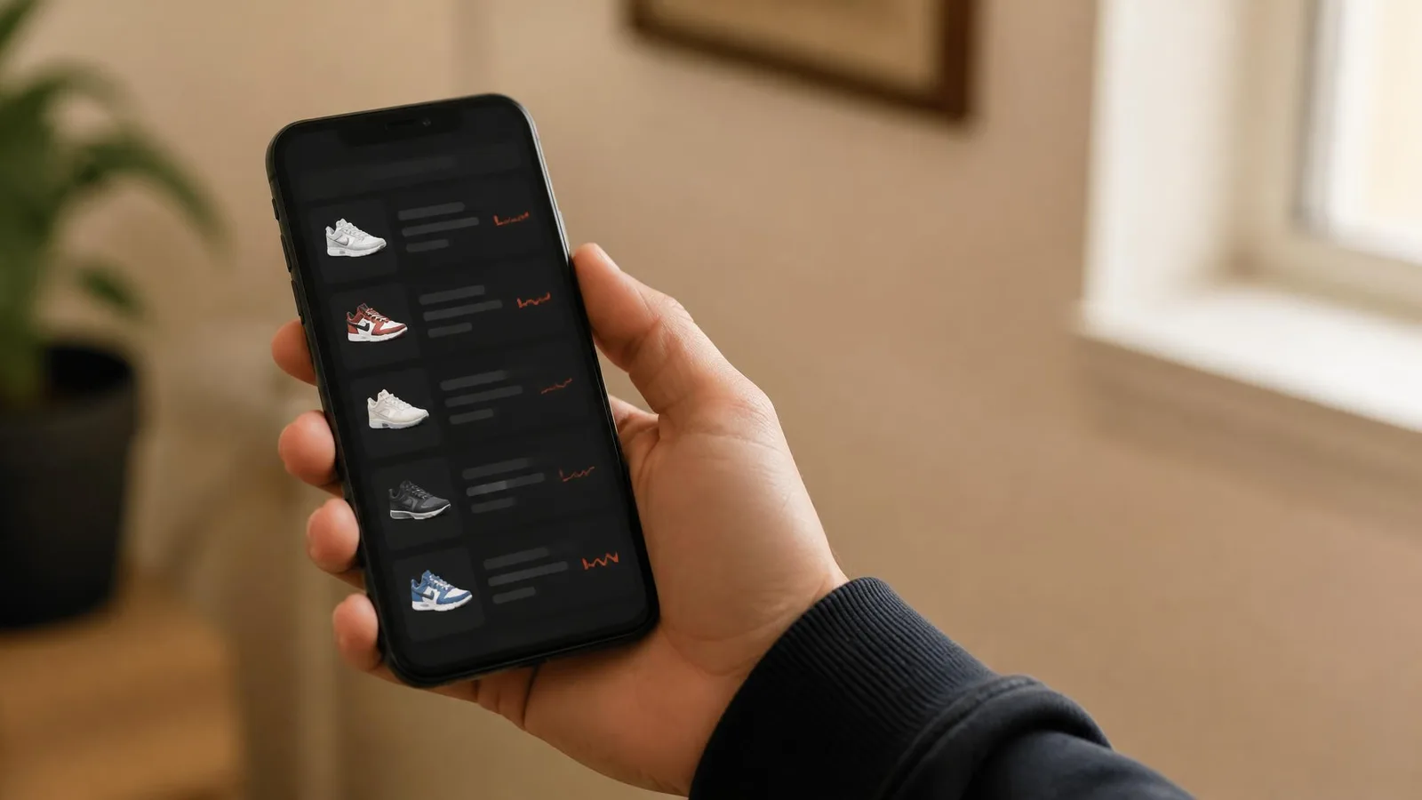 A hand holding a smartphone displaying a dark-mode sneaker collection tracking interface with cost and value figures per pair, on a warm off-white background, representing accurate cost basis record-keeping in CYKI.