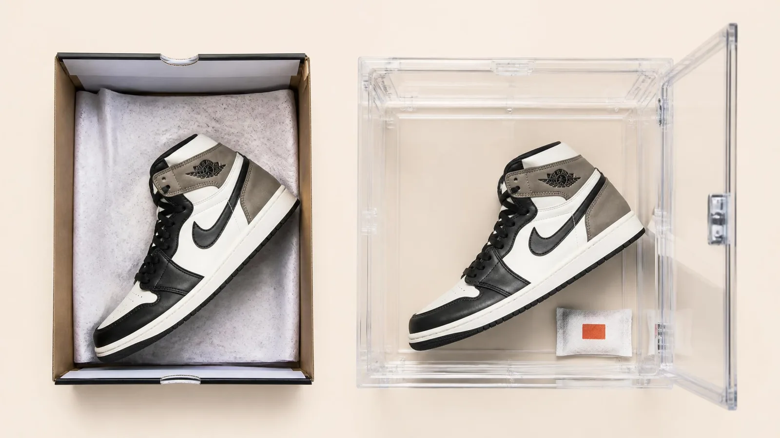 Flat-lay overhead shot comparing an original sneaker box with a sneaker stored inside versus the same sneaker in a sealed UV-blocking acrylic display case with a visible silica gel packet.