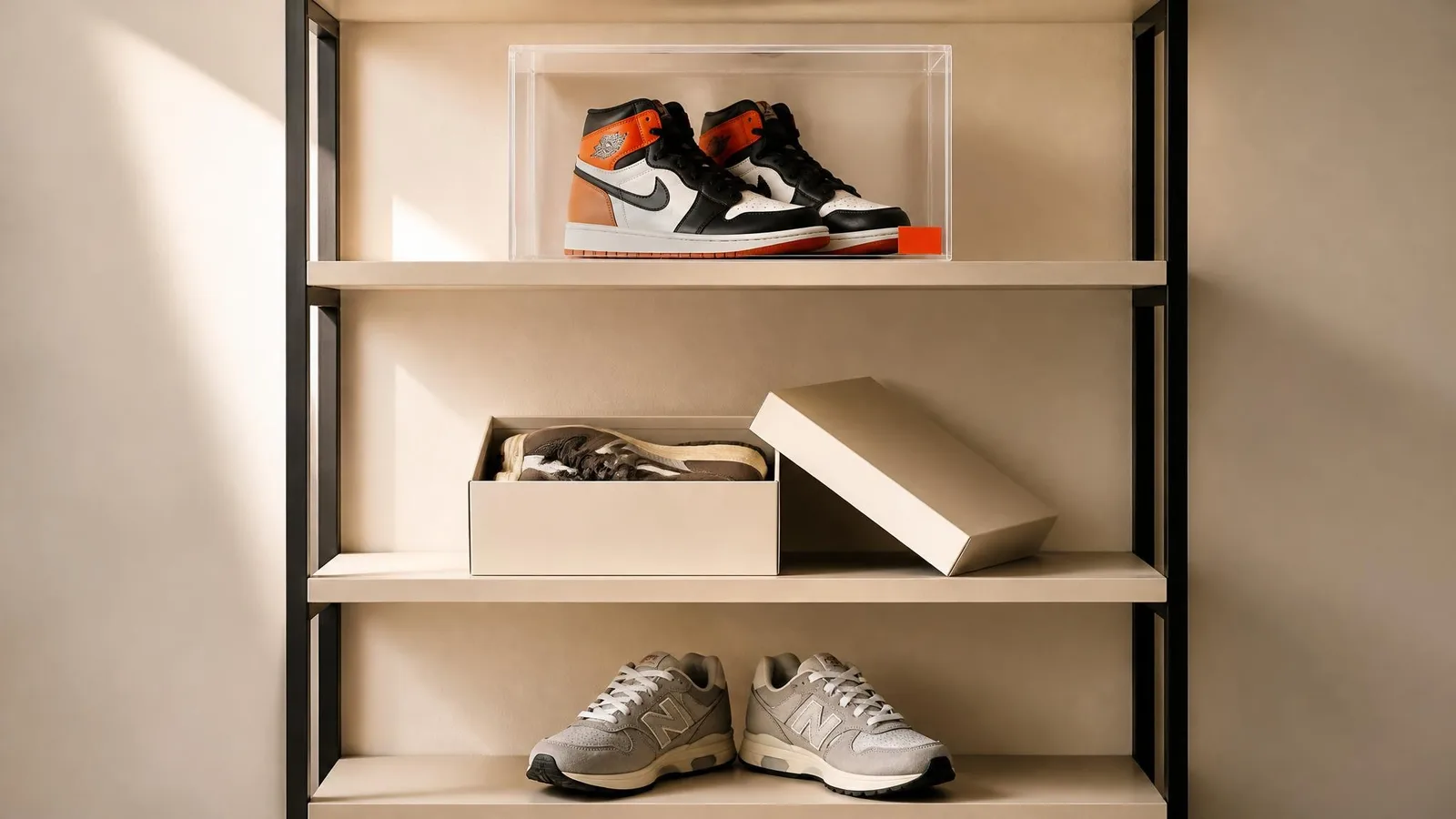 Three-tier sneaker storage shelving unit showing a limited-edition pair in a sealed acrylic display case on the top shelf, an original box on the middle shelf, and daily-wear trainers on the bottom shelf.