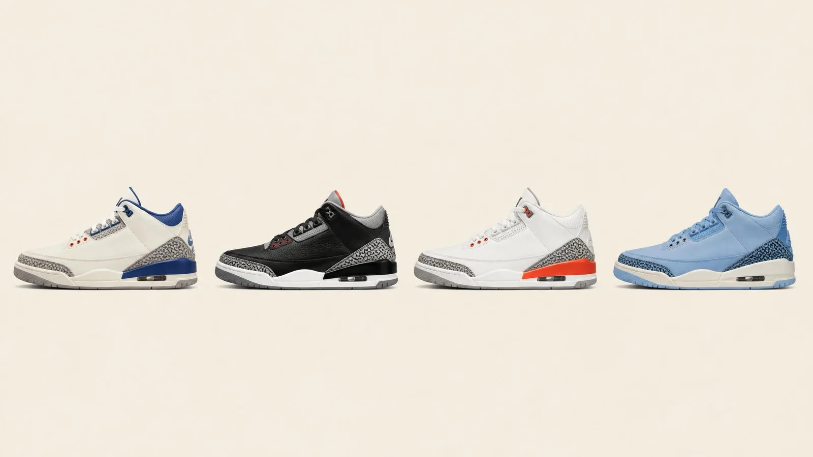 Four sneakers of the same model arranged in a row, each in a different colorway, shown in side profile against a white background to illustrate how one nickname can describe multiple distinct releases.