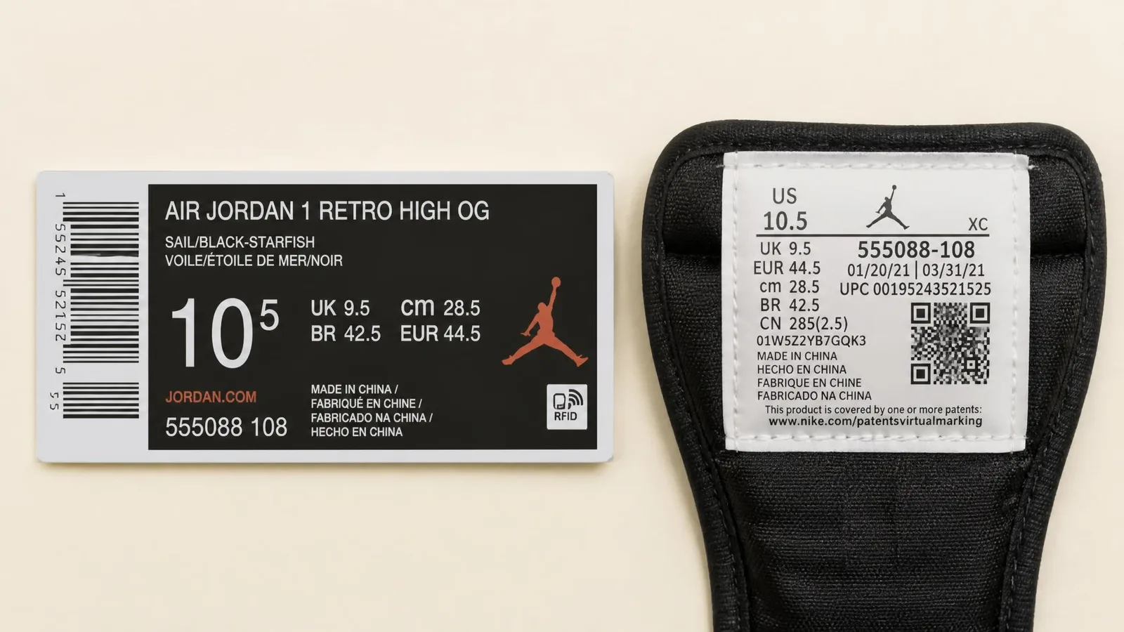 Sneaker box label and shoe tongue tag placed side by side on a light surface, showing printed style code and official colorway string text.