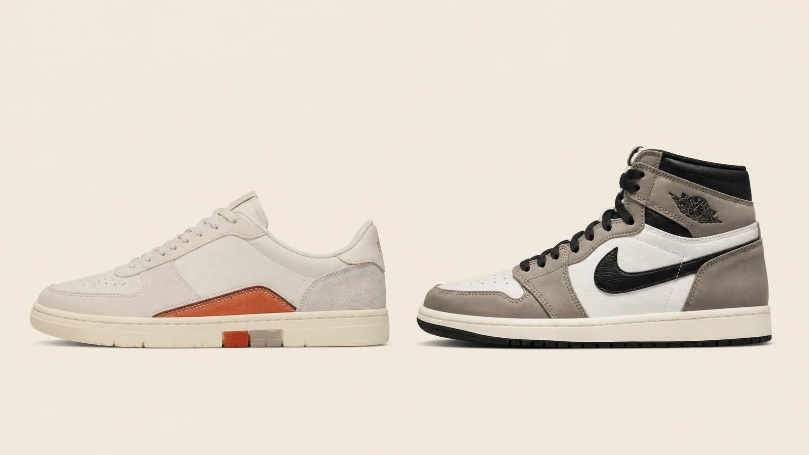 Two sneakers placed side by side in a clean studio comparison shot: a designer collaboration low-top on the left and a classic retro high-top on the right, both shown in lateral profile.