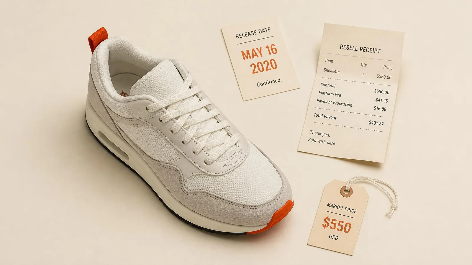 A clean studio flat-lay of a mid-top sneaker surrounded by a release date card and resale receipt slips on a warm off-white surface, suggesting a collector reviewing post-drop pricing.