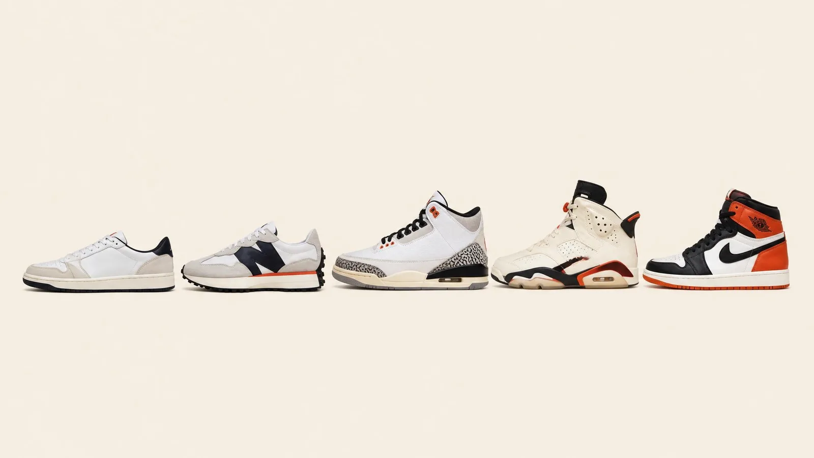 A row of four to five sneakers arranged in order of silhouette height in clean side-profile studio photography, representing a well-documented and organised collector's portfolio.