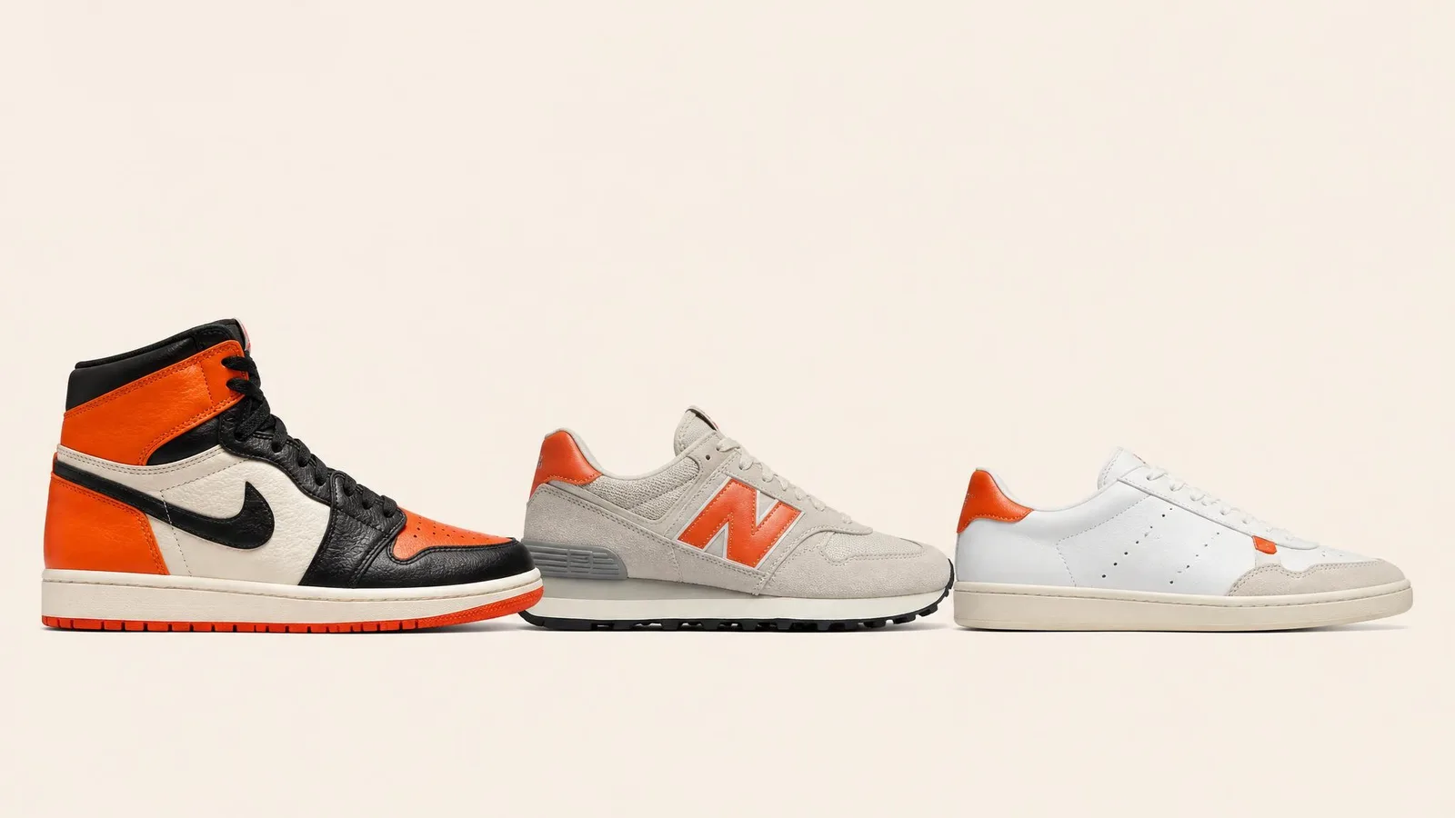Three box-fresh sneakers arranged in a clean side-profile row against a warm off-white studio background, representing different silhouettes in a collector's rack.