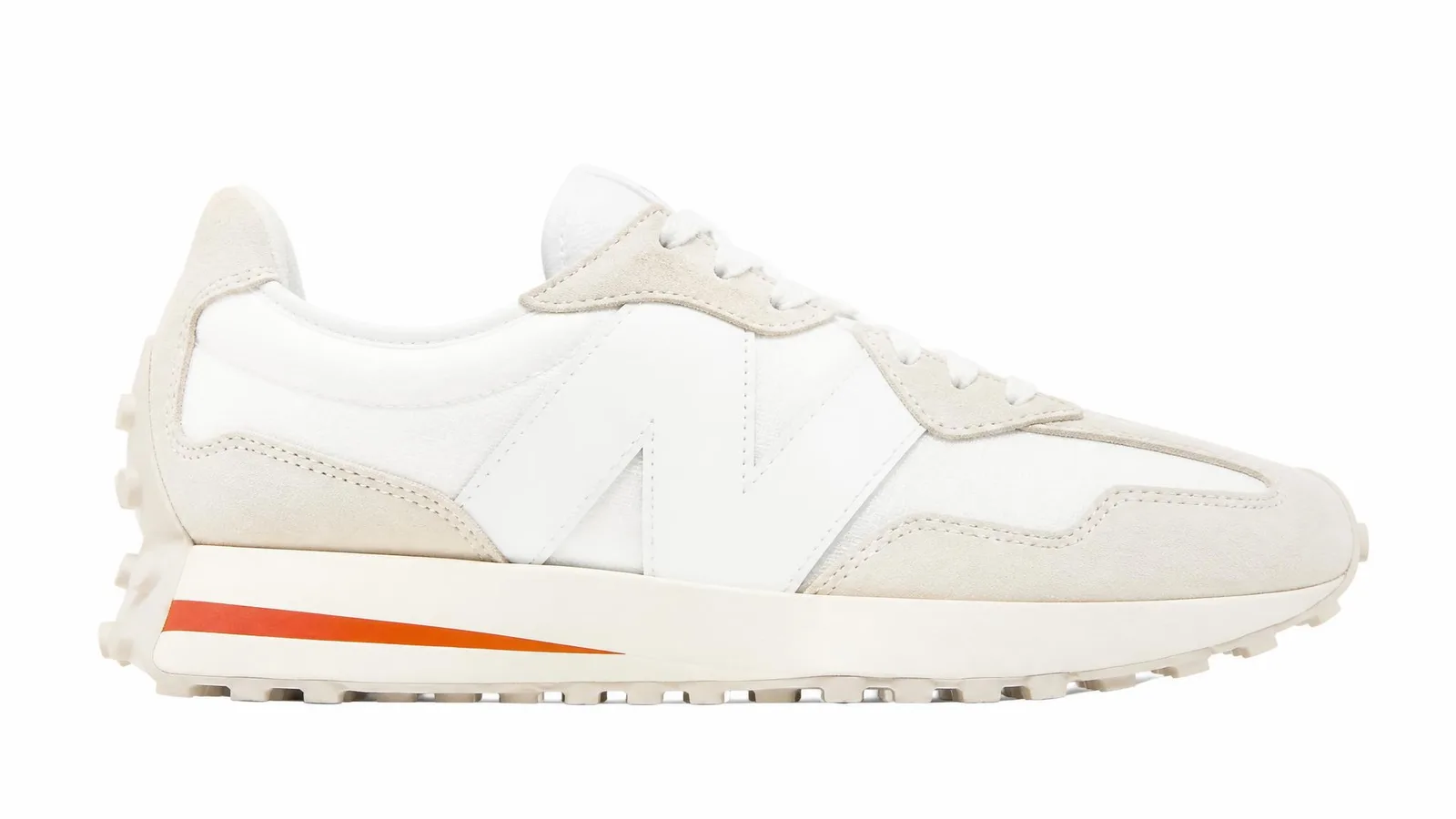 Side-profile catalogue photograph of a single white lifestyle sneaker with an orange midsole accent on a clean white background, illustrating the importance of precise pair identification in sneaker valuation.