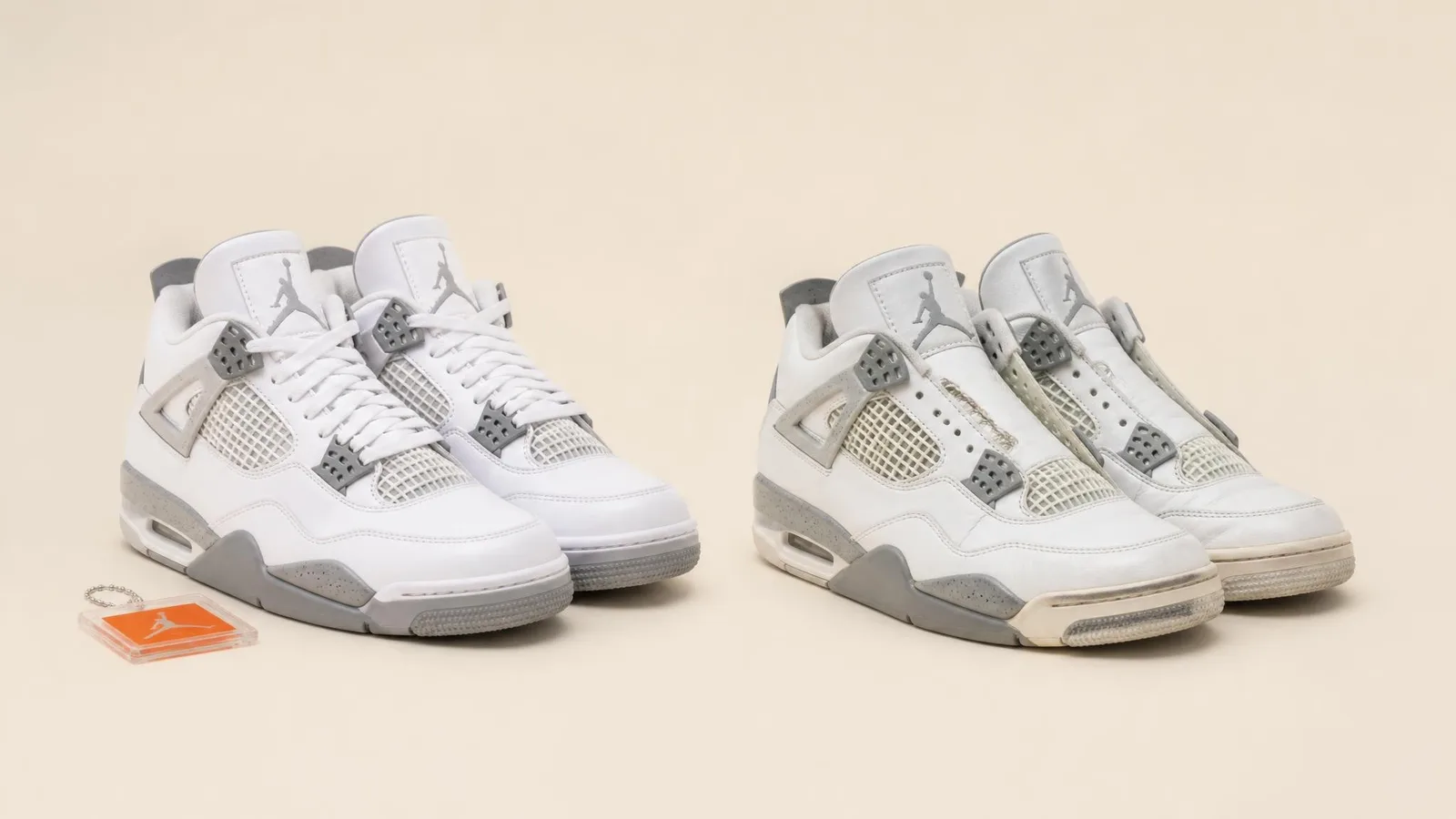 Two versions of the same sneaker silhouette placed side by side on a cream background: one pair in pristine deadstock condition, the other showing light collector wear with minor creasing and midsole yellowing, illustrating condition grading differences.