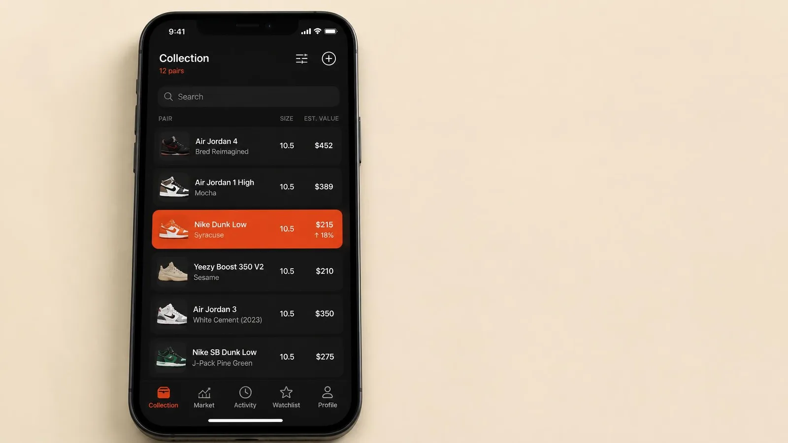 Top-down view of a smartphone on a warm cream surface displaying a dark app interface listing sneaker pairs with estimated values, with one pair highlighted in orange, representing the CYKI rack value tracker.