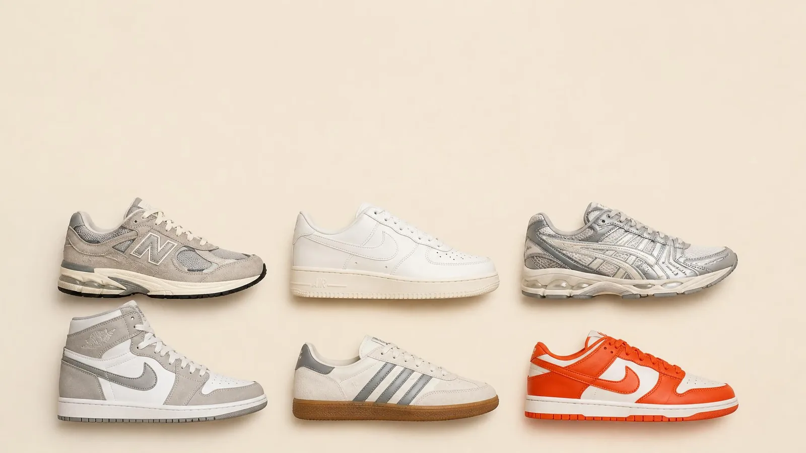 Overhead flat-lay of seven sneakers arranged in a precise grid on a warm cream background, including a pair with orange detailing, representing a curated sneaker collection ready for valuation.