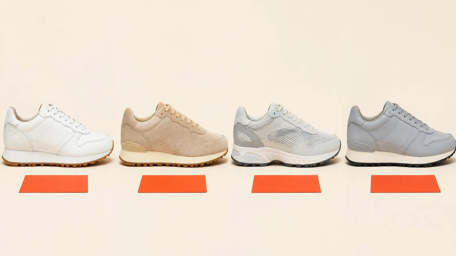 Four sneakers in a horizontal row showing different upper materials including leather, suede, mesh, and synthetic, photographed in clean catalogue style against a cream background.