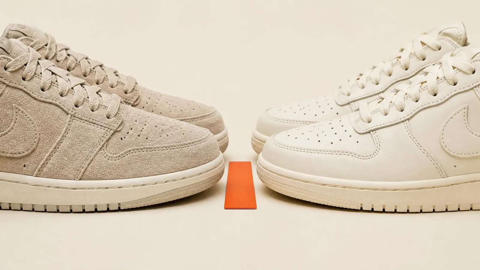 Close-up side-profile shot of a suede sneaker and a leather sneaker placed side by side on a cream surface, highlighting the material texture difference relevant to seasonal rotation choices.