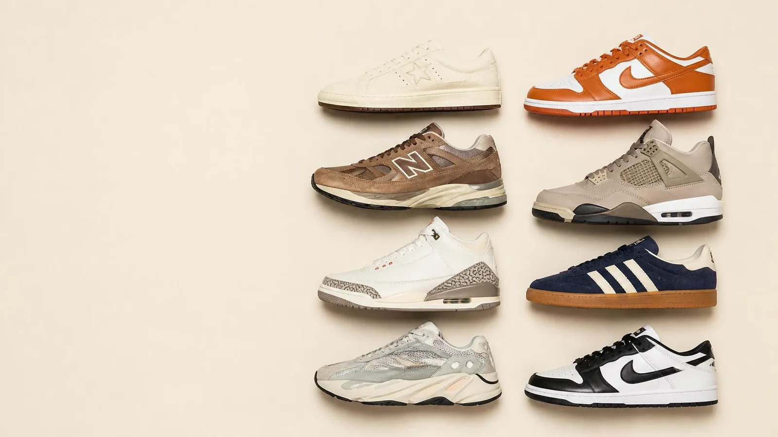 Flat-lay overhead view of eight sneaker pairs in varied materials arranged on a warm cream surface, representing a curated sneaker rotation collection.