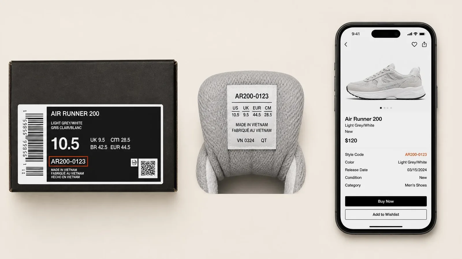 Flat-lay of three items used to identify a sneaker style code: a box end panel sticker, an interior tongue label, and a smartphone screen showing a marketplace product detail page with the style code field highlighted.