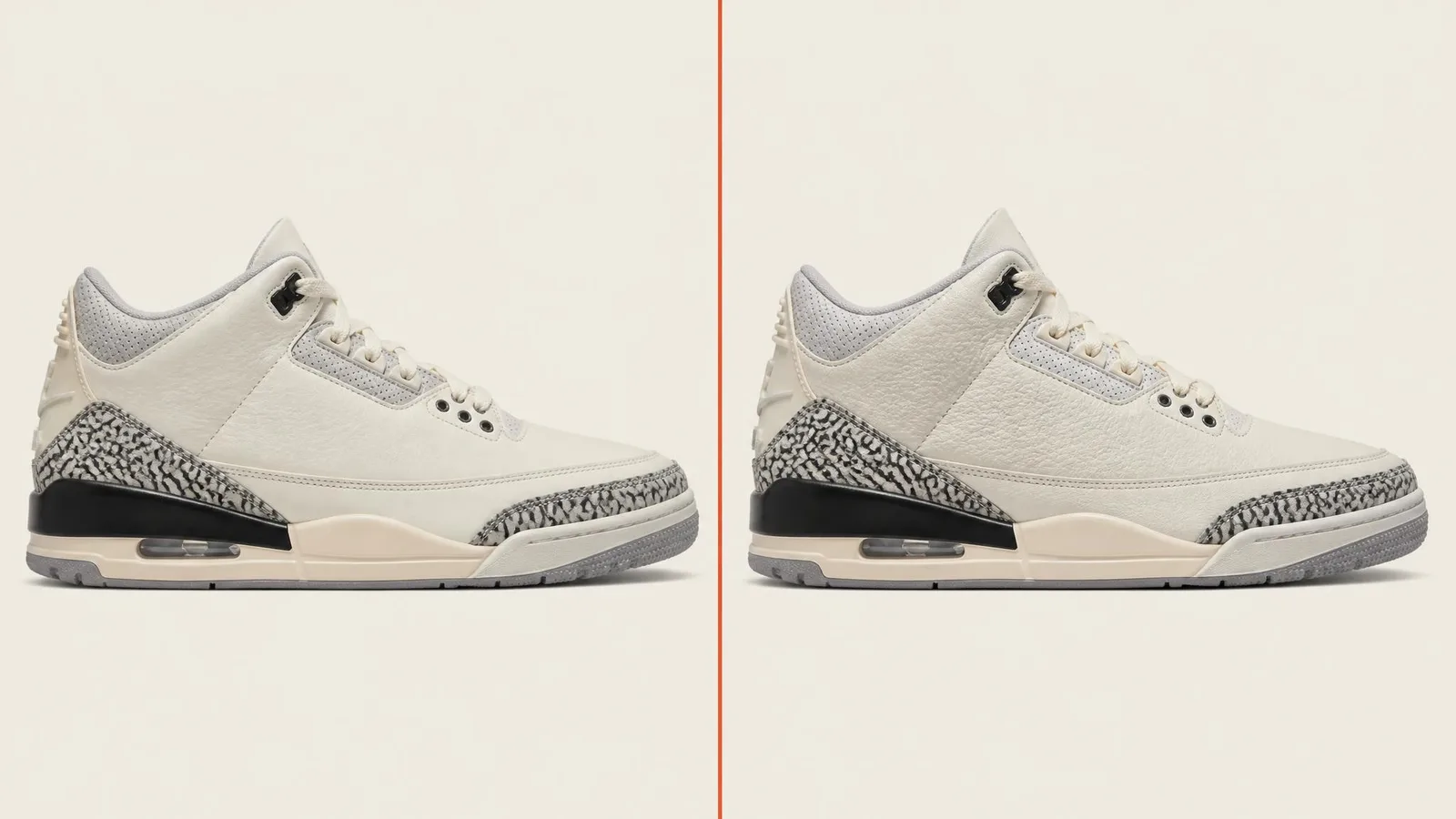 Two sneakers of the same silhouette and colourway placed side by side, highlighting subtle material and construction differences between an original release and a retro reissue.