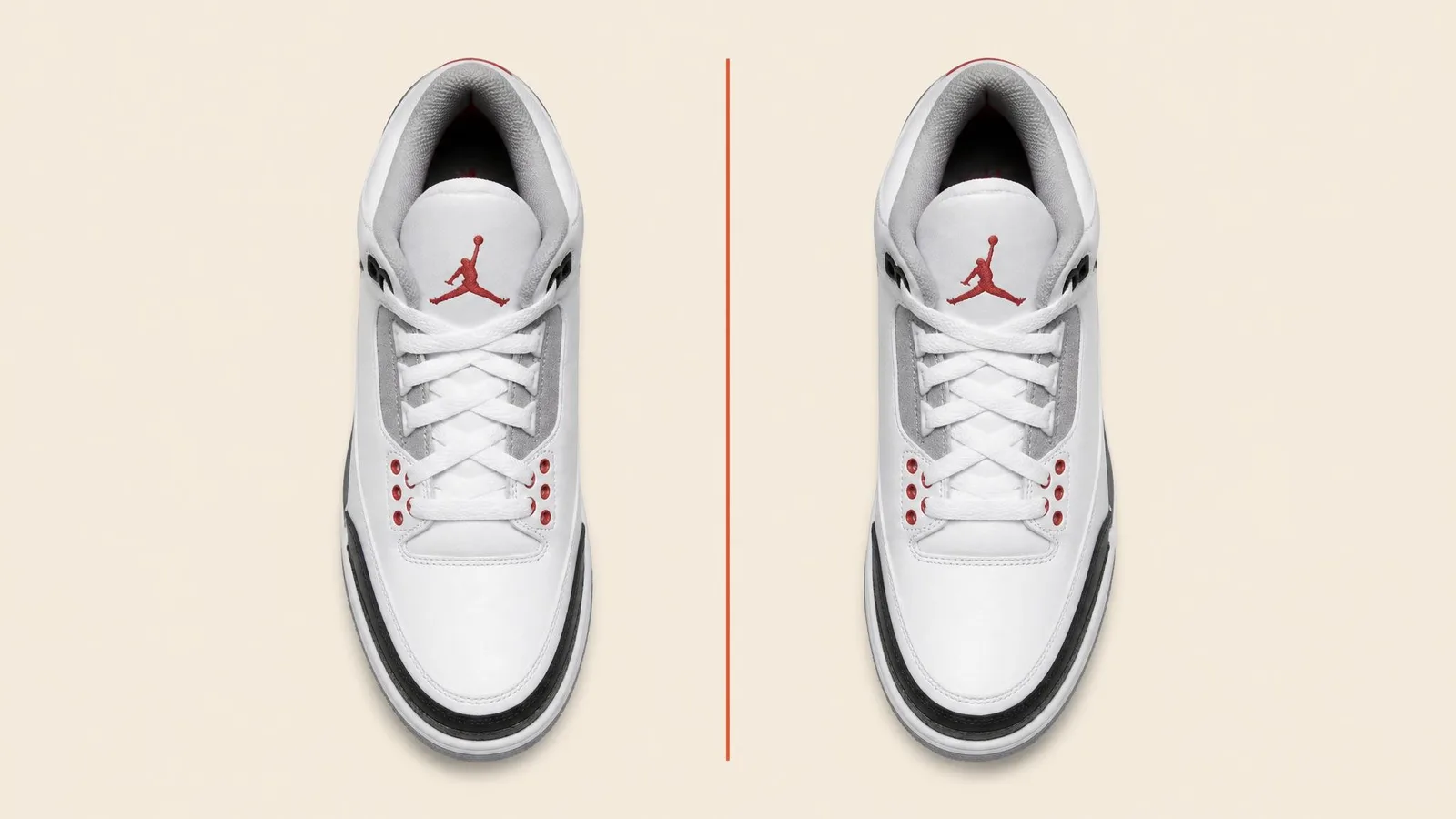 Two identical sneakers in the same colourway but different sizes shown side by side in a flat-lay overhead shot on a warm cream background, illustrating how size affects resale data availability.