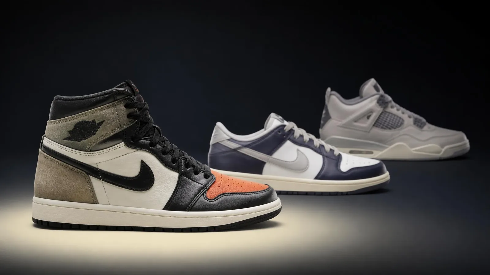 Three sneakers of different silhouettes arranged in a receding diagonal line against a dark background, with the foreground pair in sharpest focus and an orange accent detail, representing the hierarchy from strong to sparse pricing data.