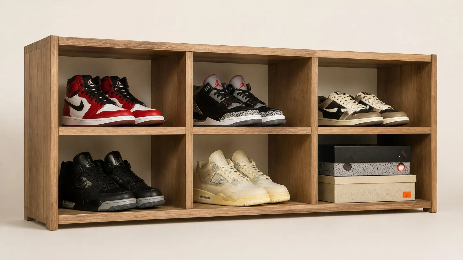 A tidy sneaker rack with 4 to 6 pairs of boxed and unboxed sneakers arranged in individual spaces, representing the concept of a fixed basket of models used as the basis for a resale market index.