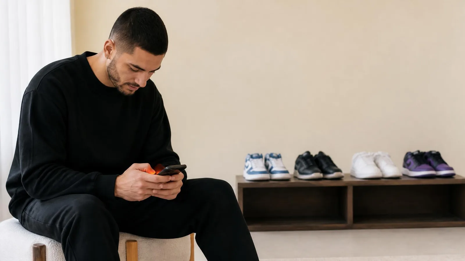 A young sneaker collector in casual streetwear sits and checks their phone while 3 to 4 pairs of sneakers are visible on a shelf behind them, illustrating the experience of benchmarking a personal collection against a market index.
