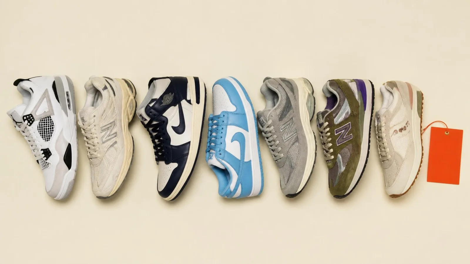 A flat-lay overhead shot of multiple iconic sneaker silhouettes — including a Jordan 1, Dunk Low, and New Balance — arranged in a deliberate row on a warm cream background, representing a defined basket of sneaker models tracked by a resale market index.