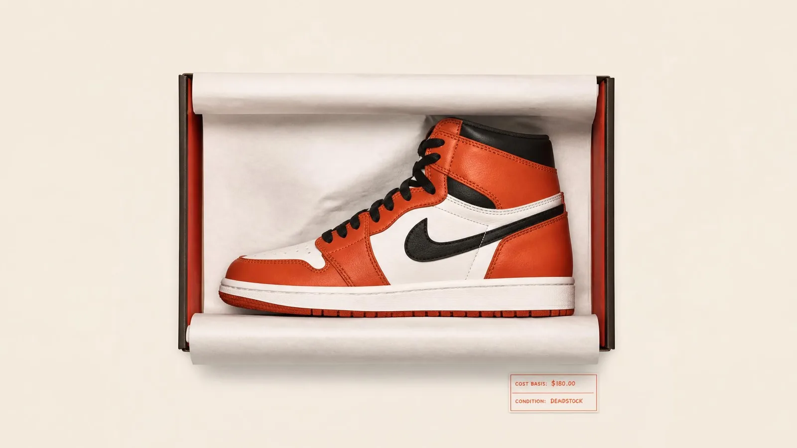 A deadstock Jordan 1 Retro High in its open original box, side-profile view on a warm off-white background, with a small burnt-orange condition label beside the box, representing a catalogued sneaker entry with cost basis and condition recorded.