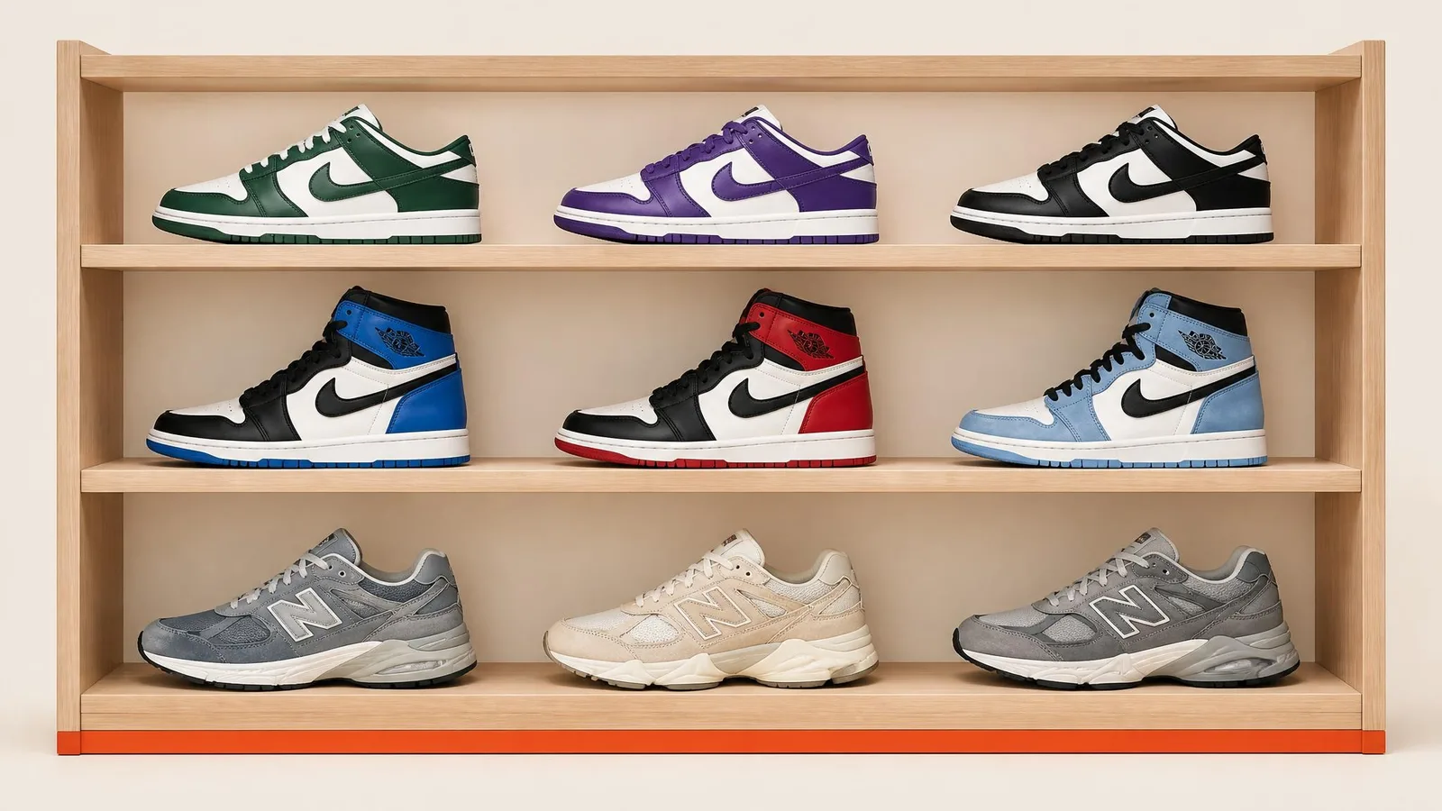 A neatly organised sneaker shelf displaying five to seven pairs including Jordan 1s, Dunks, and New Balance silhouettes in side-profile on a warm off-white background with a burnt-orange accent bar at the base, representing a complete sneaker collection viewed in one place.