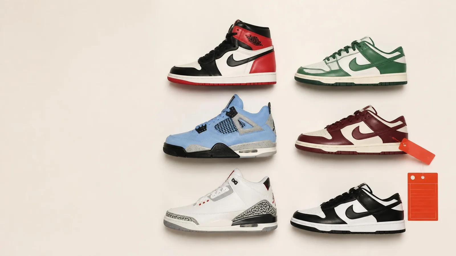 A flat-lay catalogue arrangement of several iconic sneakers including Jordan 1s and Dunks displayed in clean side-profile on a warm off-white background, with a burnt-orange accent data label, representing a curated sneaker portfolio.
