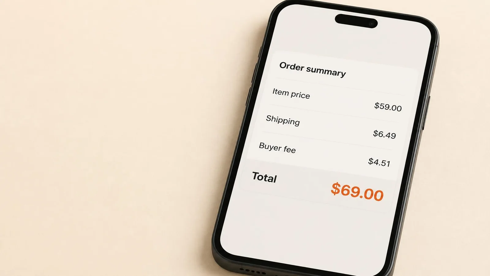 Smartphone screen showing a fictional purchase receipt with itemised cost breakdown including item price, shipping, buyer fees, and total, placed on a warm cream background.