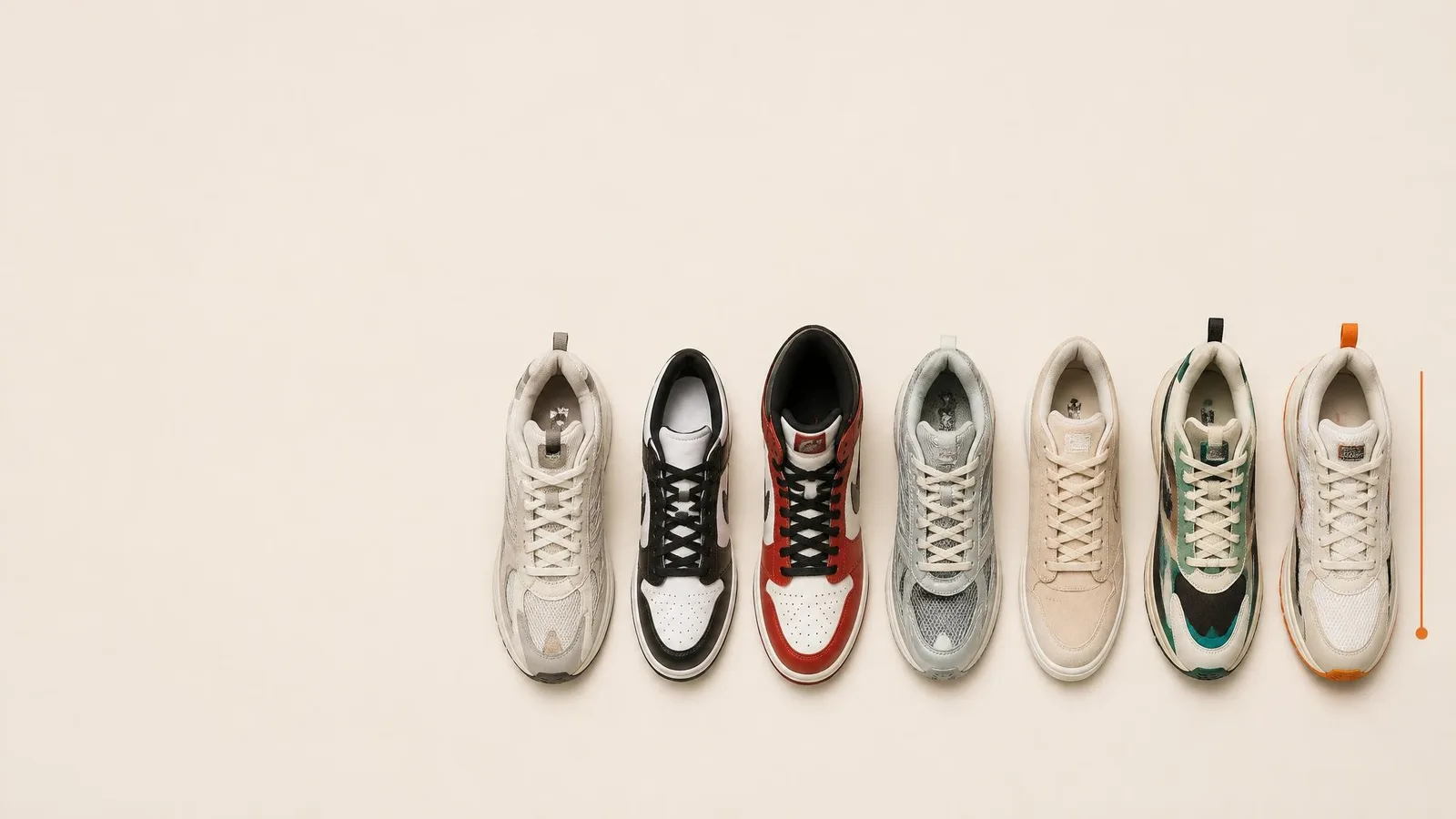 Seven distinct sneaker silhouettes arranged in a precise flat-lay row on a warm off-white background, displayed in clean catalogue style for a sneaker collection article.