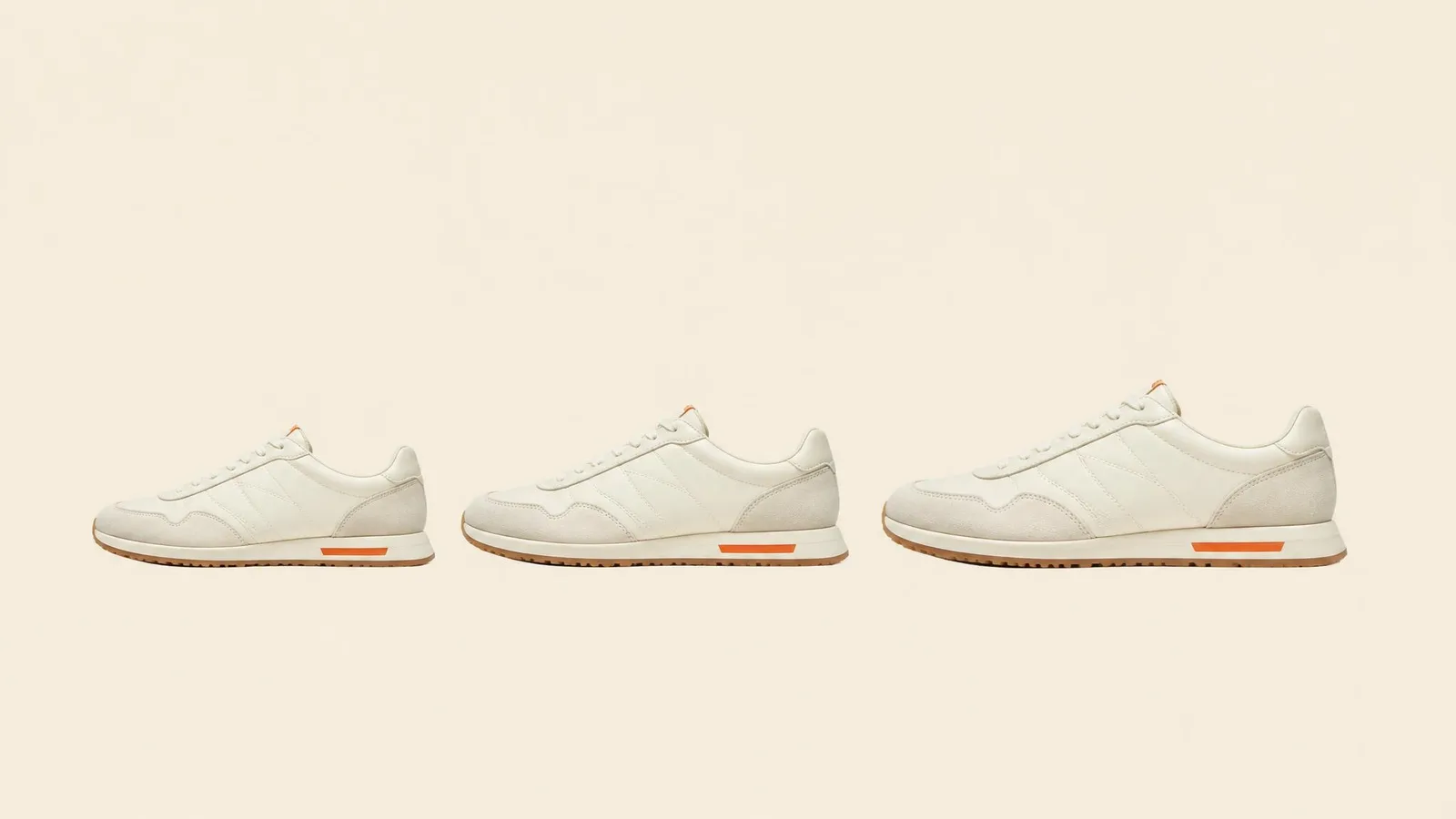 Three identical sneakers in the same colourway displayed side by side in ascending size order against a warm off-white background, illustrating how the same model exists across different sizes in the resale market.