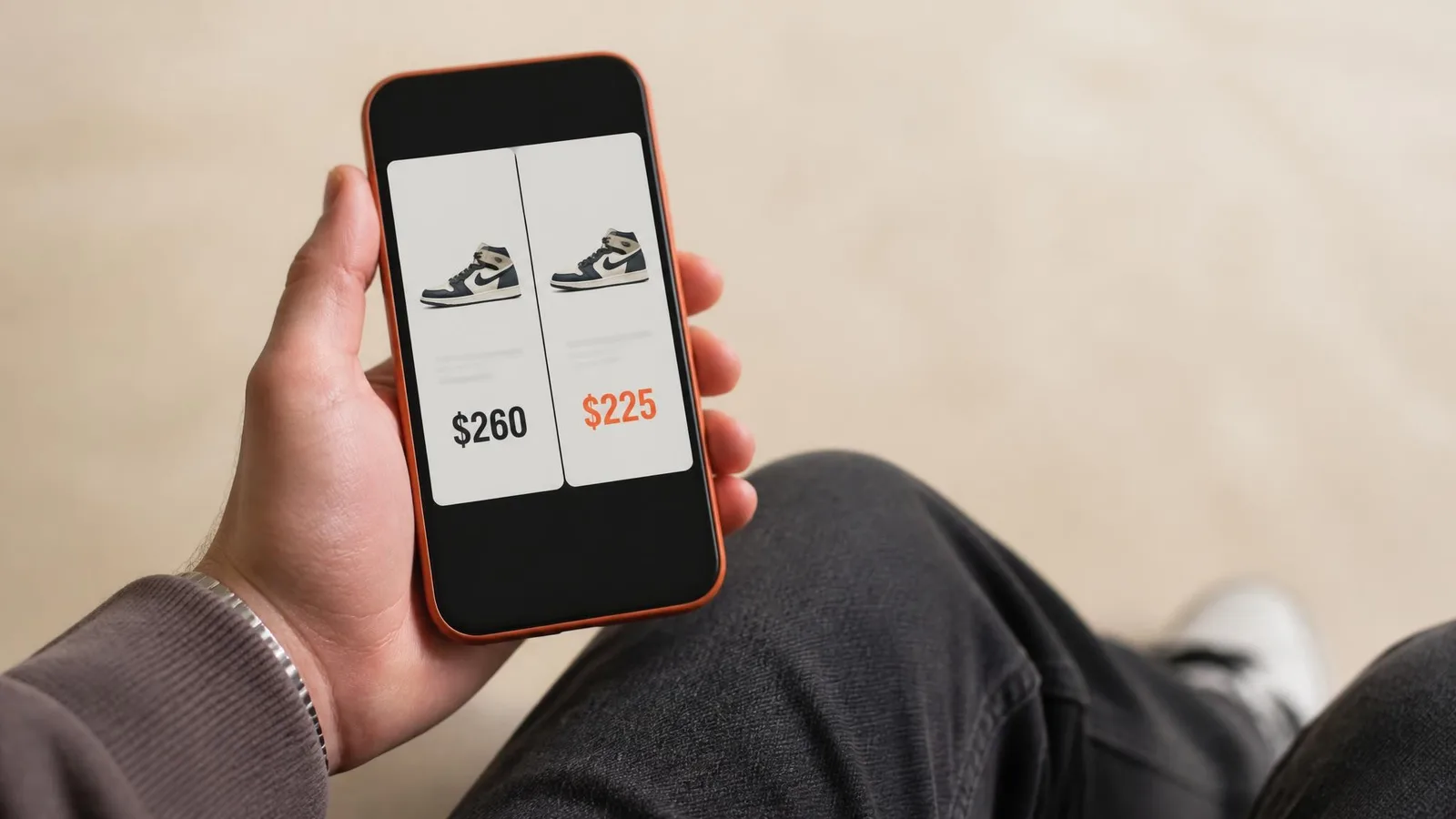 A person holding a smartphone displaying two different sneaker app price screens side by side, showing $260 and $225 for the same colorway, illustrating how apps can show different values.