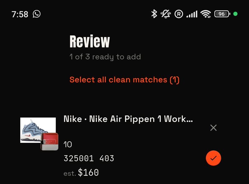 CYKI review screen after scanning several boxes, showing the matched shoe, size, and estimated value ready to confirm