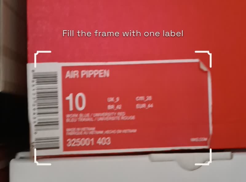 CYKI camera view reading the style code off a Nike shoebox label