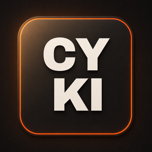 CYKI logo, 3D presentation render with glowing orange outline — for editorial/press use at large sizes