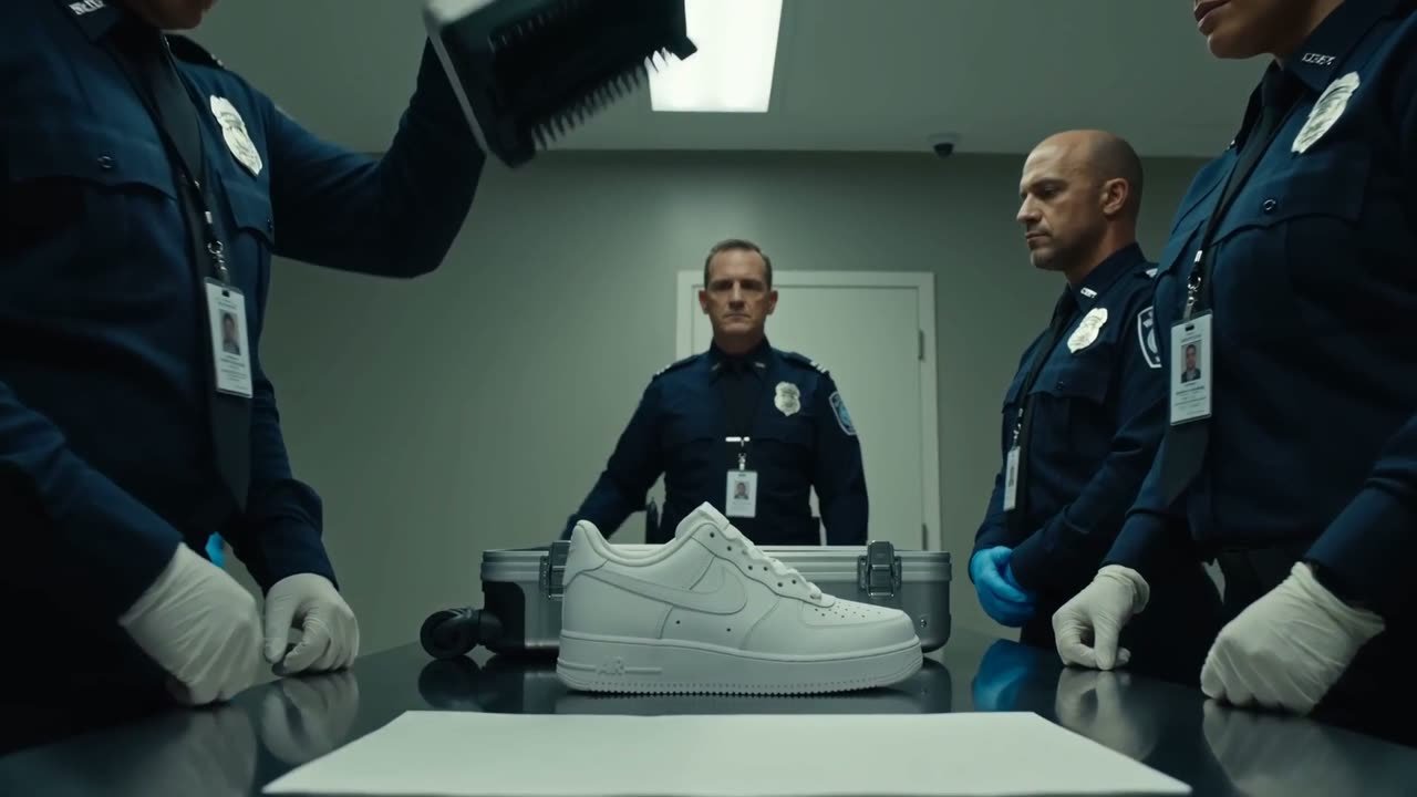 Security officers examining a white sneaker on a table with gloves and inspection tools