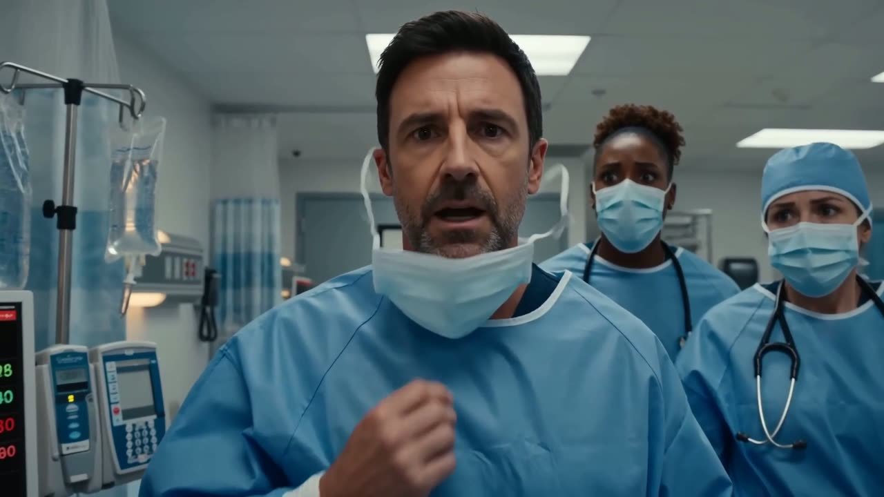Medical staff in scrubs and masks moving down a hospital corridor
