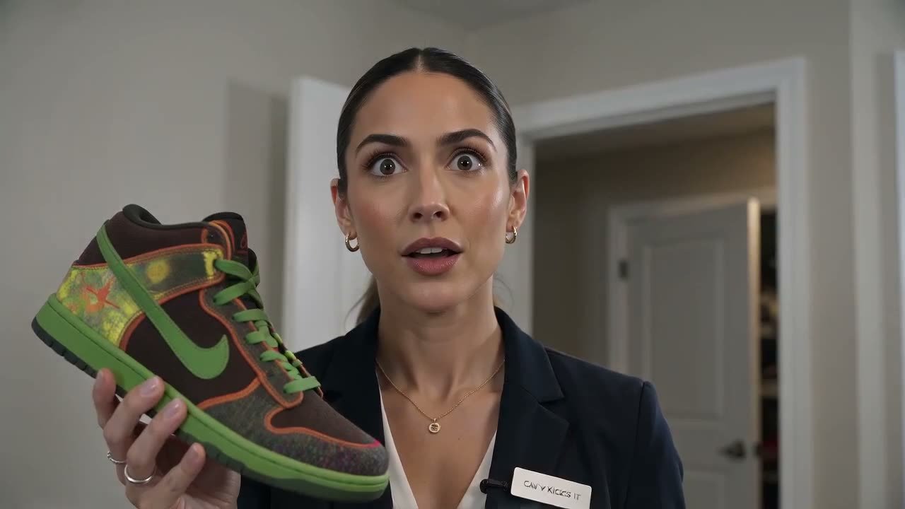 A specialist in a blazer holding up a colorful sneaker with a surprised expression