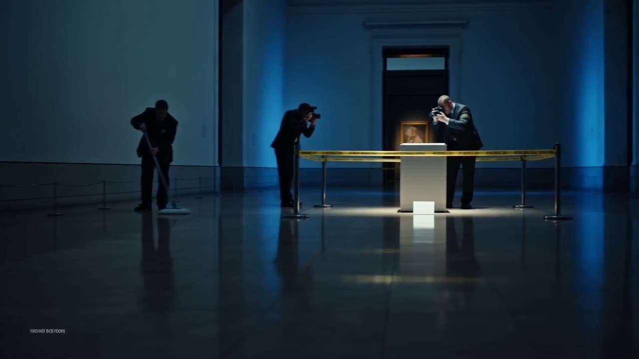 Two investigators photographing a painting on a lit pedestal in a museum gallery, with a cleaner mopping in the background