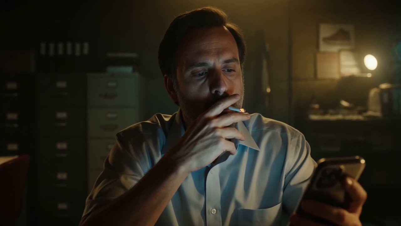 A man in a dim office smoking while looking at his phone, filing cabinets behind him