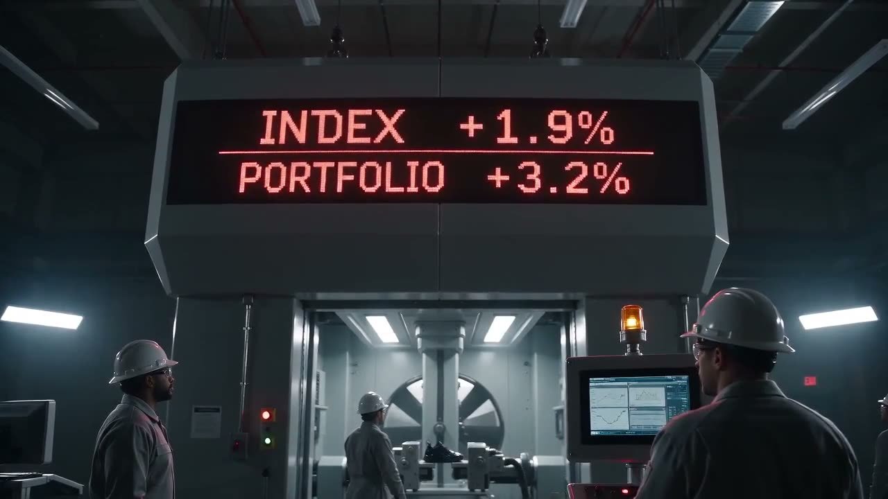 Factory workers standing under a display reading INDEX +1.9%, PORTFOLIO +3.2%