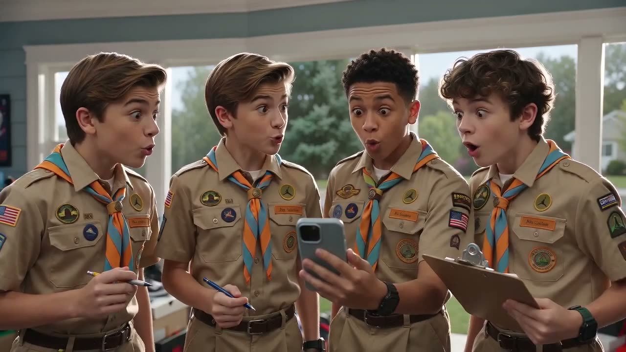 Four scouts in uniform looking at a phone with surprised expressions