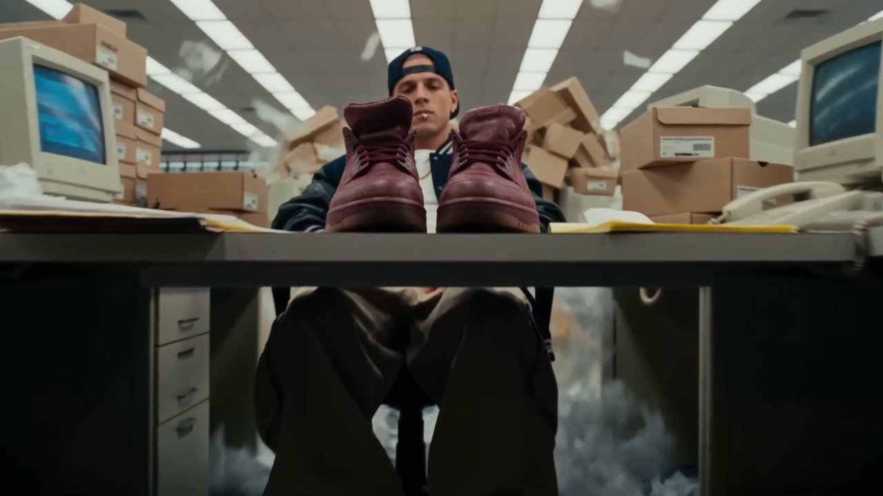 A man with boots propped on a desk in a busy office with papers in the air