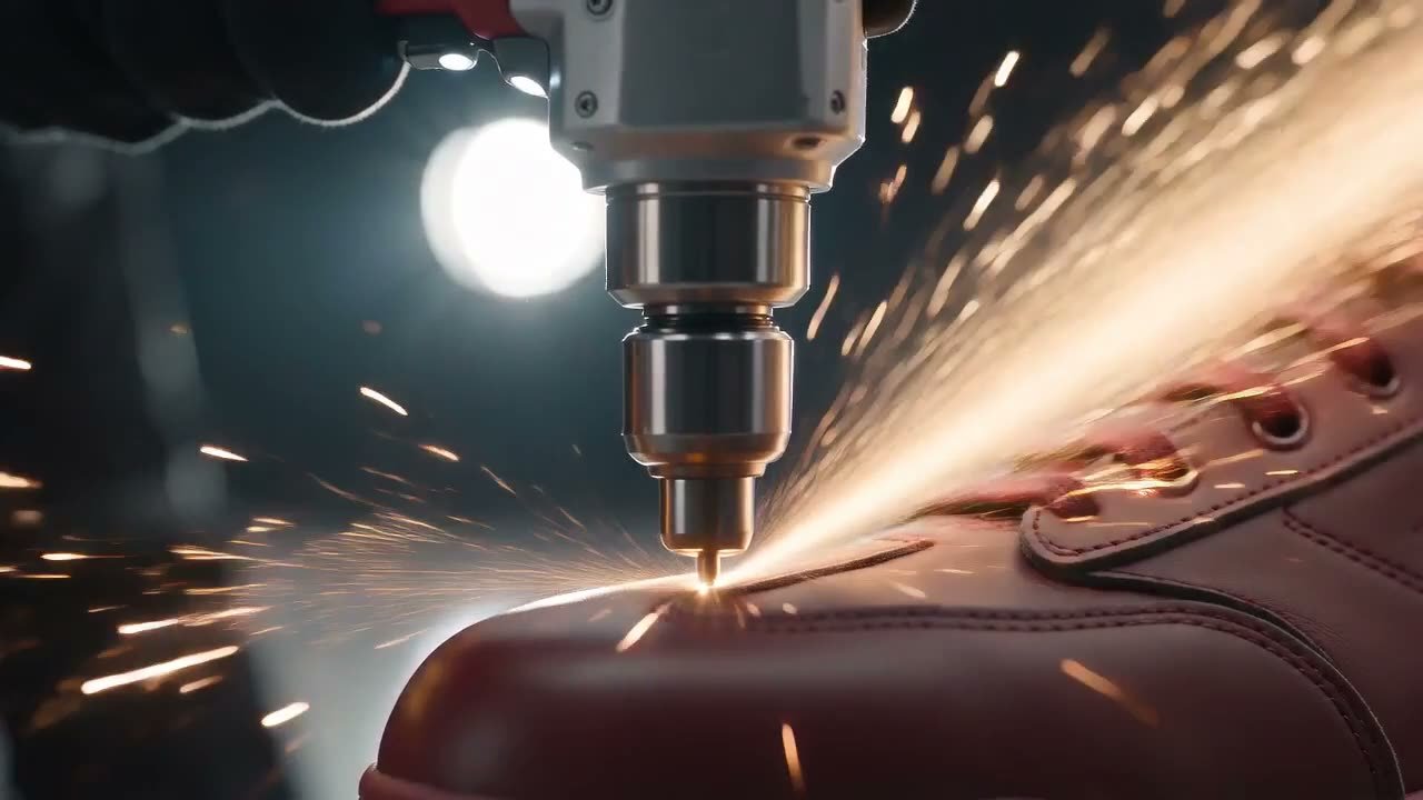Close-up of a precision tool cutting into a sneaker with sparks flying