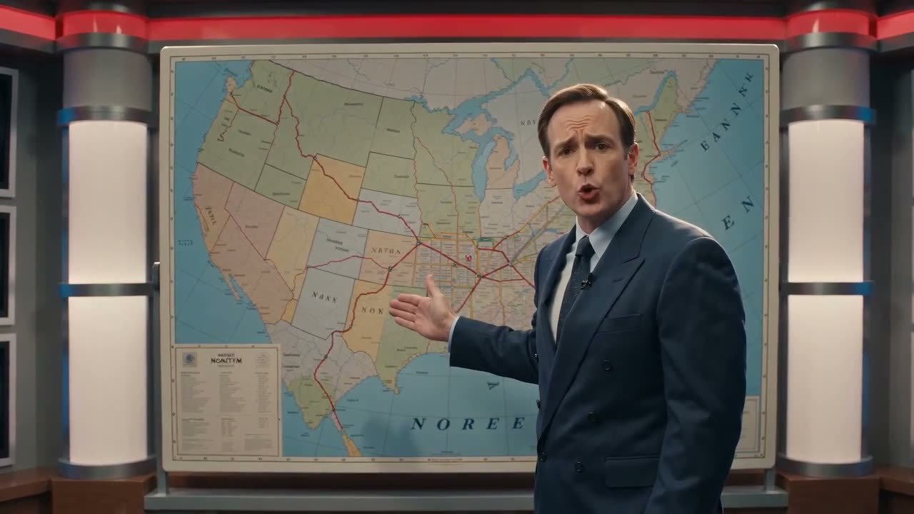 A news presenter gesturing at a weather-style map