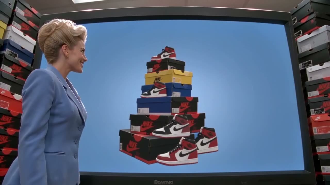 A woman looking at a display showing a stack of sneaker boxes and shoes